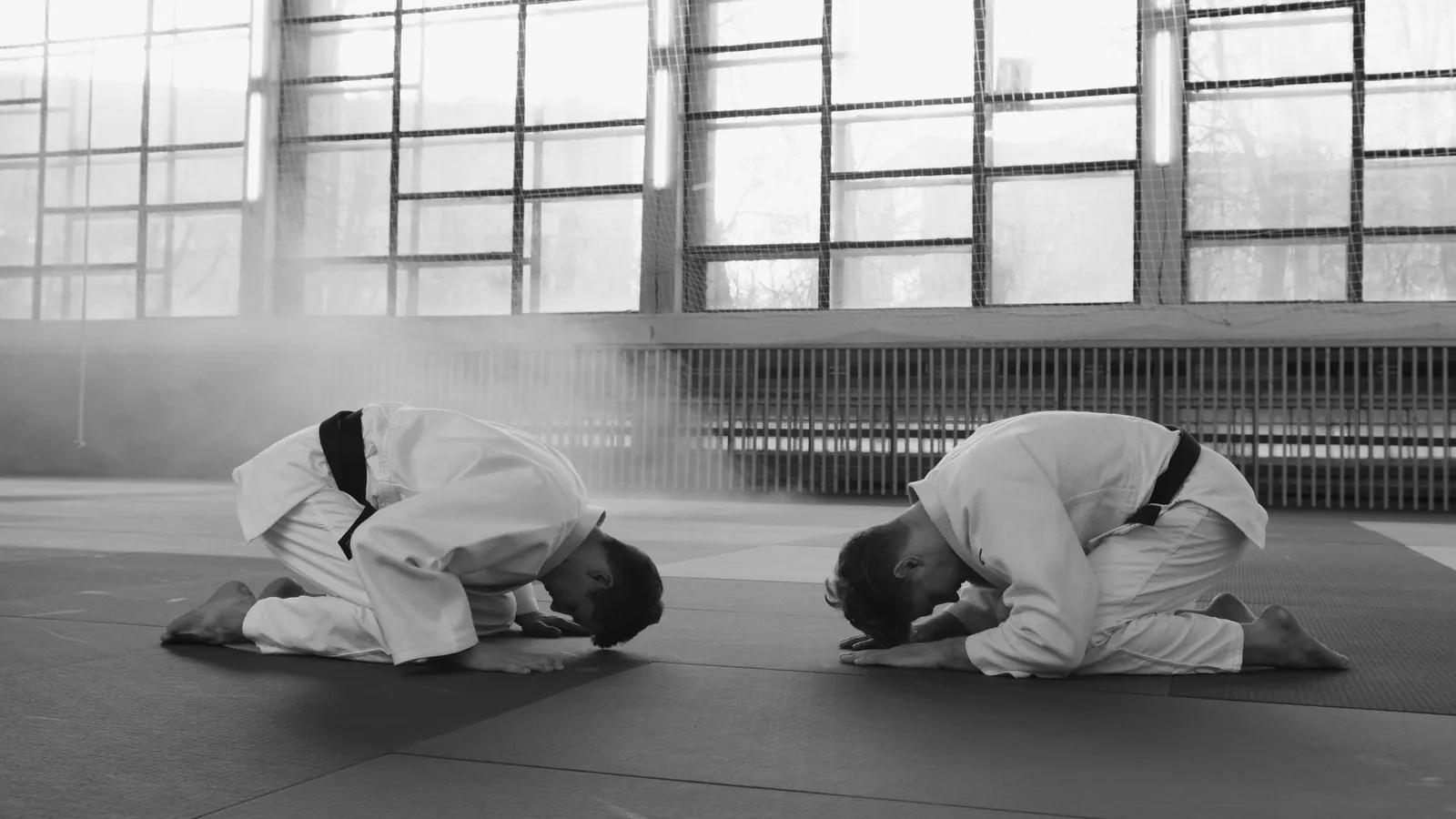 Twee judoka's knielen tegenover elkaar en buigen, in een zaal met grote ramen waar het licht doorheen valt.